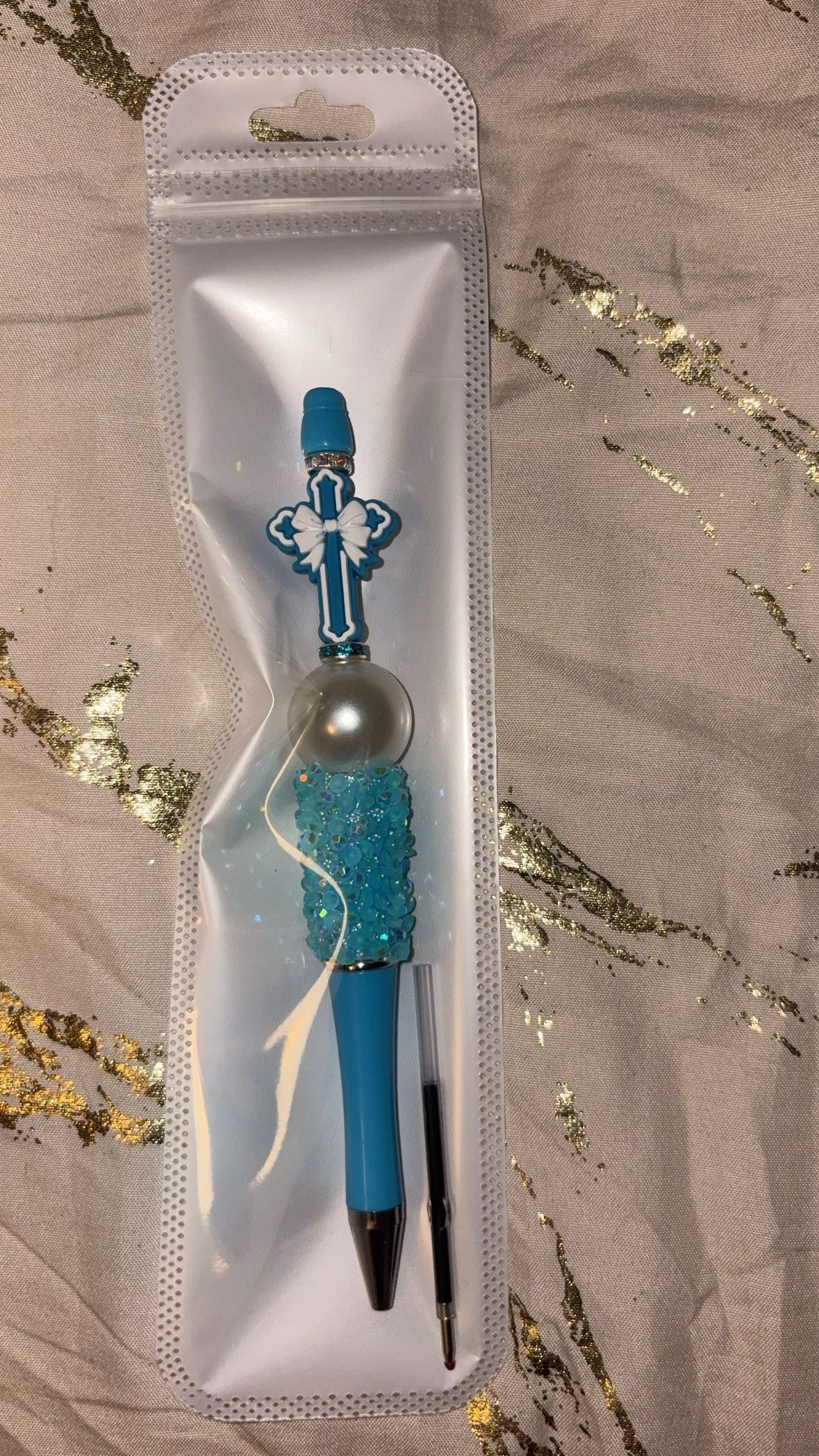Ribbon Cross Blue Beaded Pen