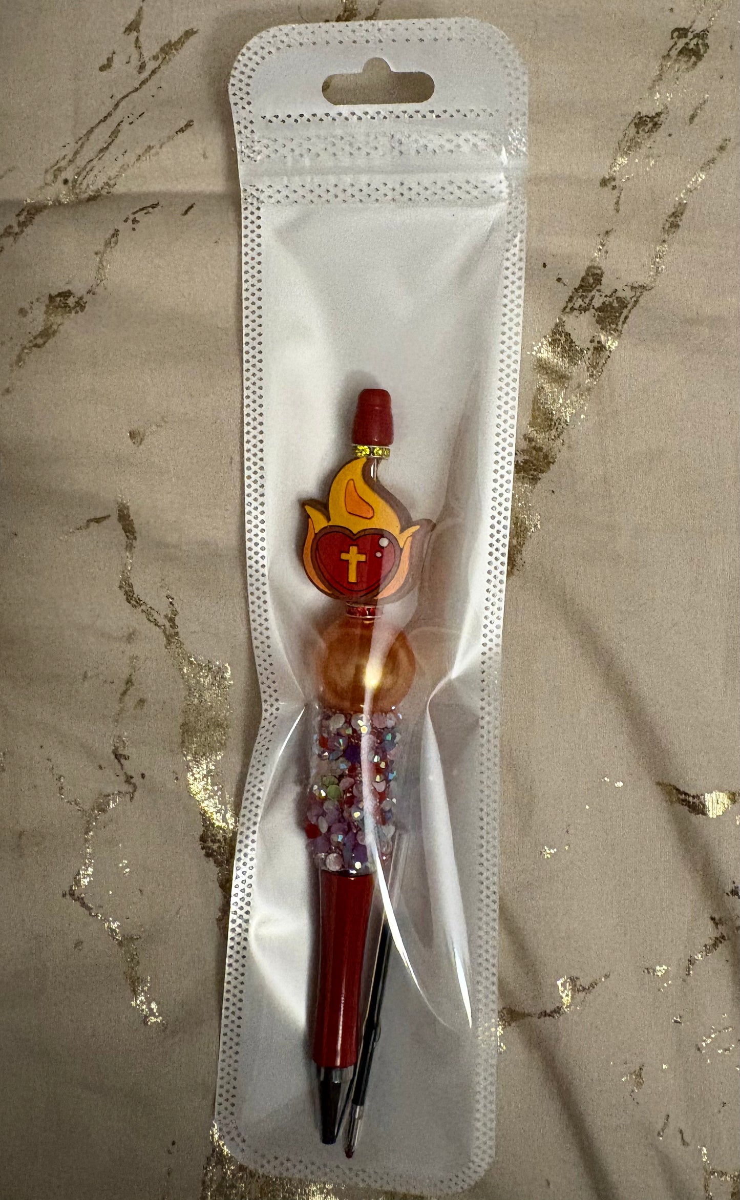 Flamed Heart w/ Cross Red Beaded Pen