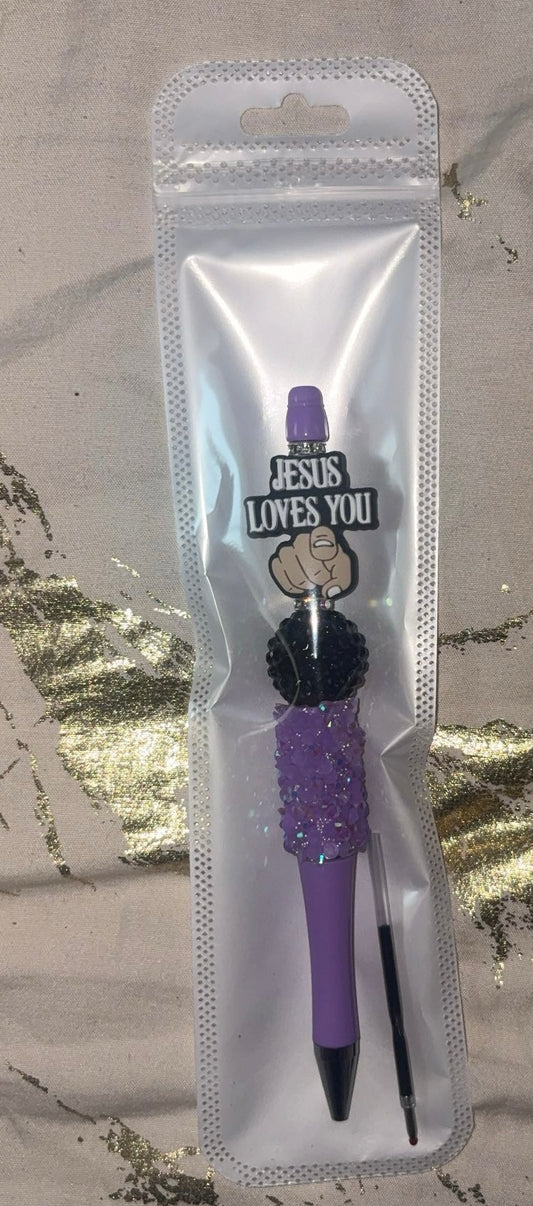 Jesus Loves You Purple Beaded Pen