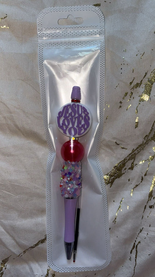Jesus Loves You Purple Paradise Beaded Pen
