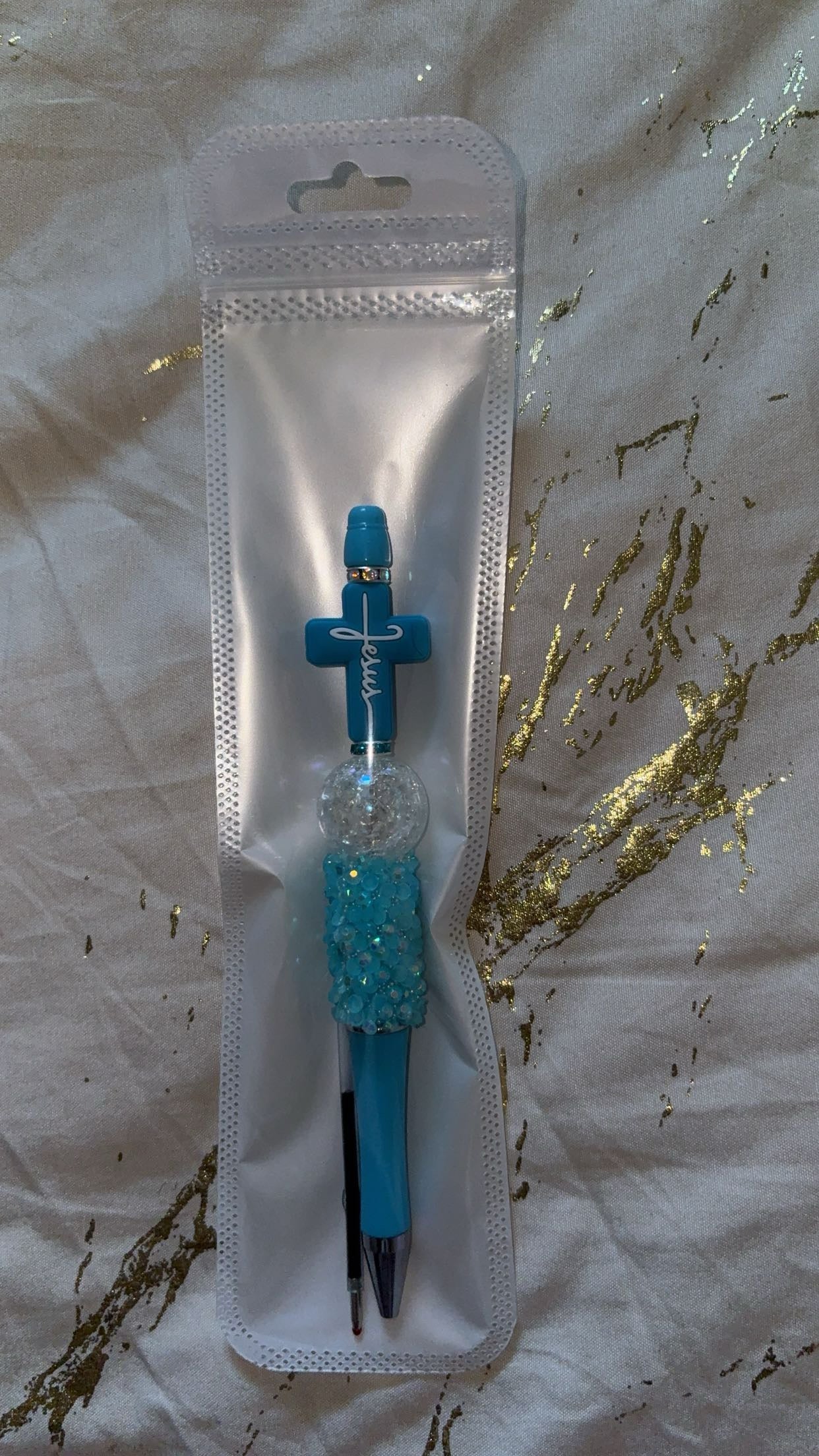 Jesus Cross Blue Beaded Pen