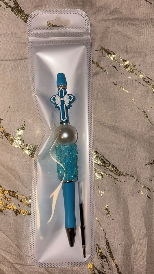 Ribbon Cross Blue Beaded Pen